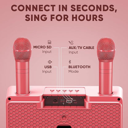 MASINGO Karaoke Machine for Adults and Kids with 2 Wireless Microphones, Portable Bluetooth Singing Speaker, Colorful LED Lights, PA System, Lyrics Display Phone Holder, and TV Cable. Presto G2 Pink