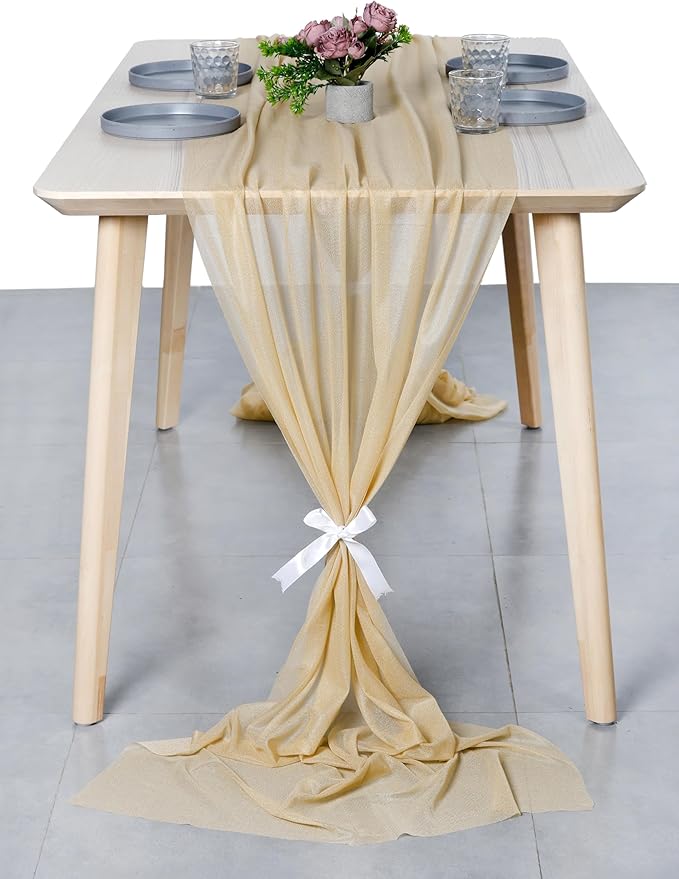 MDS 15 Pack 10ft Chiffon Table Runner 29 x 120 Inches Sheer Wedding Runner Romantic Rustic Table Runner for Wedding Decorations, Birthday Parties, Bridal Shower Party Arch Decor - Champagne Gold