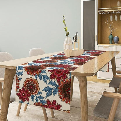 Mandala Flower Table Runner, Vintage Oriental Exotic Native Red Floral Blue Branch Leaves Botanical Print Table Runner for Farmhouse Kitchen Dining Table Decor, 13x108inch