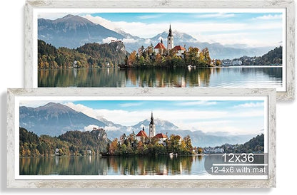 12x36 Picture Frame 2 Packs, Real Glass and Distressed White Wood Frame, Display Collage Pictures Twelve 4x6 With Mat or Pennant 12 x 36 Without Mat - Horizontal or Vertical Wall Mounting