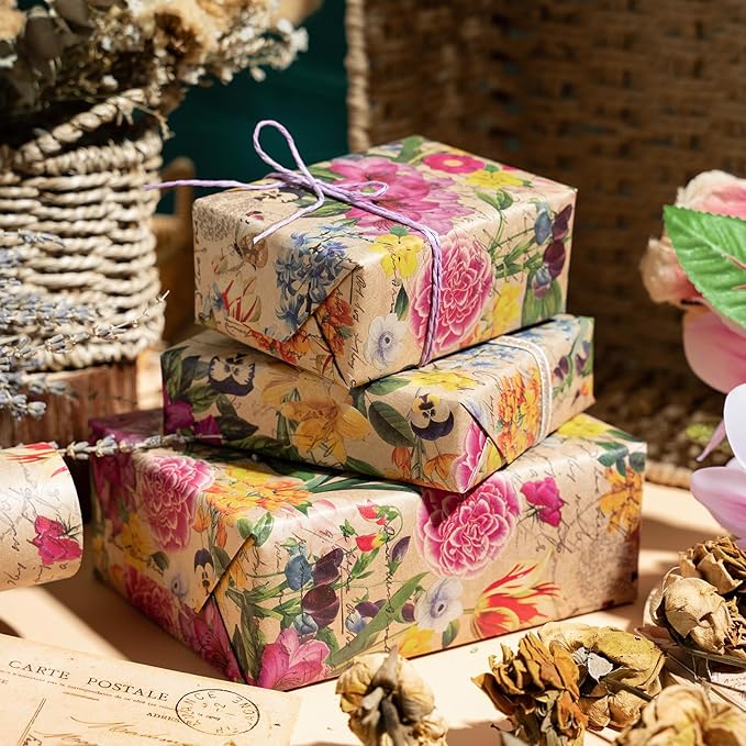 WRAPAHOLIC Kraft Floral Wrapping Paper Roll - Mini Roll - 17 Inch x 33 Feet - All Occasion Vintage Flower for Wedding Bridal Shower Birthday
