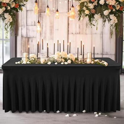 Wish Care 2 Pack Black Spandex Table Cloths for Rectangle Tables 8ft - One-Piece Wrinkle Free Fitted Table Cover 8 Foot Stretch Tablecloths for Party, Banquet, Wedding and Events