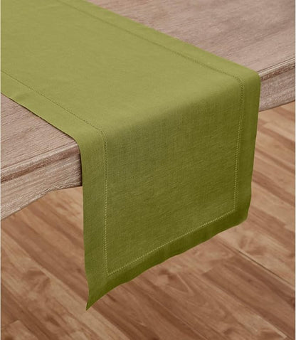Solino Home Linen Avocado Green Hemstitch Table Runner 60 Inches - 100% Pure Linen Small Table Runner 14 x 60 Inch Ideal for Dresser and Coffee Tables - Classic Hemstitch - Fall, Autumn, Thanksgiving