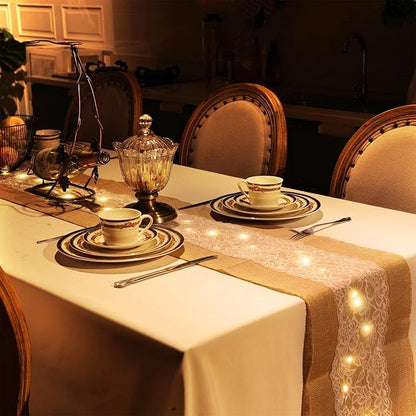 Xinnun 12 Pcs Burlap Table Runner with Lights 12 x 108 Inches Burlap Lace Table Runner Rustic Wedding Decorations Home Party (Flower)