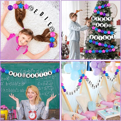 Giant Friendship Bracelet Garland Kit, DIY Birthday Banner with Letters Ball Jumbo Customizable Friendship Bracelet Decor for Halloween Christmas Wedding Party(Blue, Pink, Purple)
