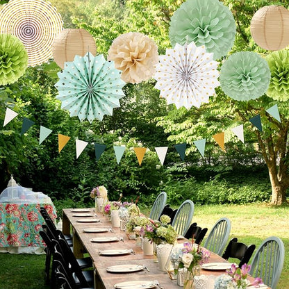 Sage-Olive Green Gold Brown Boho Party-Decorations - 33pcs Paper Lanterns Fan, Banner,Streamers Tassel Garland,Tissue Pom Poms,Baby Bridal Shower Birthday Wedding Bachelorette Engagement Decor Hugtmr