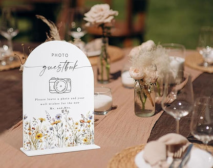 Wedding Signs for Ceremony and Reception, Boho Floral Acrylic Photo Guestbook Sign, Wedding Signage with Stand, Bridal Shower Table Centerpieces, Supplies for Engagement Reception Event Party, 27