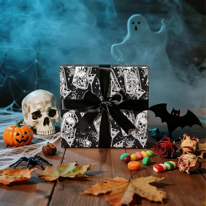 LeZakaa Halloween Wrapping Paper Roll, Gothic Skull-in-Bottle and Eye Cocktail Glass in Black, Spooky Gift Wrap for Horror Lovers, Goth Style Party, Trick or Treat, Mini Roll 17 In x 16.4 Feet