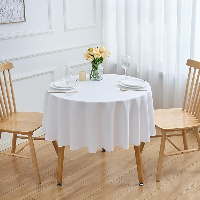 6 Pack White 60 Inch Round Tablecloths. Stain and Winkle Resistant Polyester Washable White Table Cloths for Parties Wedding Dining