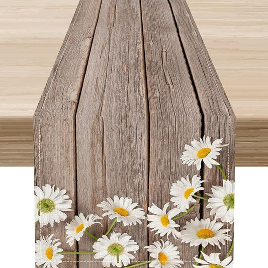 Daisy Table Runner, Spring Floral Seasonal Summer Yellow Flower Rustic Farmhouse Table Center Decor for Home Kitchen Dining Patio Holiday Party Indoor Outdoor Table Decorations, 13"x90" Inch