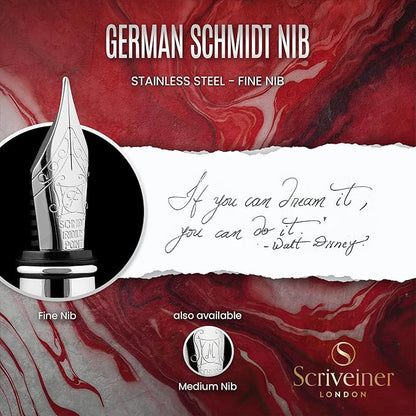 Scriveiner Deep Crimson Red Fountain Pen - Stunning Luxury Pen with Chrome Finish, Schmidt Nib (Fine), Best Pen Gift Set for Men & Women, Professional, Executive, Office, Nice Pens