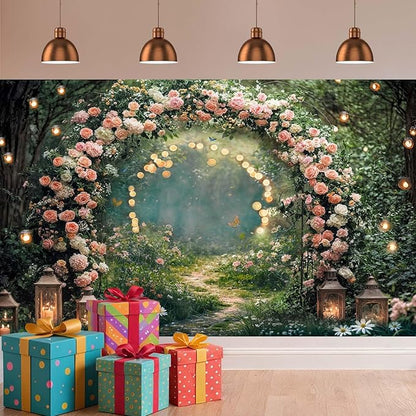 8x6ft Enchanted Forest Wedding Photography Backdrop Wonderland Roses Fairy Tale Backdrop Pink Flower Birthday Newborn Baby Shower Wedding Bridal Party Banner Photo Booth Props Anniversary Background