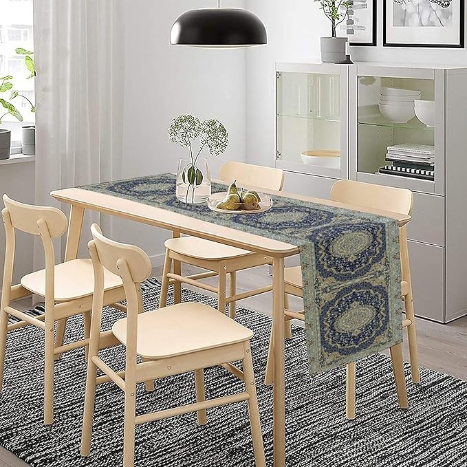 Boho Bohemia Style Blue Teal Table Runner, Country Rustic Farmhouse Magical Abstract Print Pattern for Home Kitchen Table Decor Dining Coffee Room Garden Party Decor 13x108in