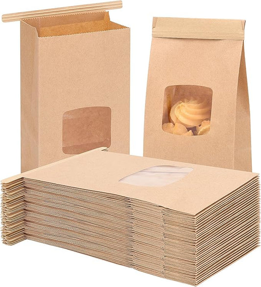 Moretoes 55pcs Small Bakery Bags with Window, 3.54x2.36x6.7in Tin Tie Tab Kraft Paper Bags for Cookie Coffee Bread Bakery Packing