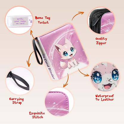 Cute Pink Trading Card Binder 4 Pocket for Girls Gifts - Includes Name Tag & Tab Stickers for Sorting - 440 Pockets Card Binders Zipper Album Book Holder - Baseball Football Sports Tcg Card Case