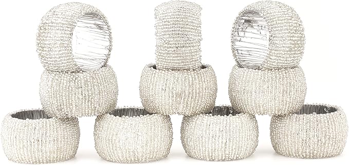 Decorative Beaded Napkin Rings Set of 12 - Rhinestone Serviette Holder for Table Décor, Christmas, Thanksgiving, Weddings, Parties, Artisan Festive Luxury Dining Napkin Holders (Silver) - CLEENTABLE