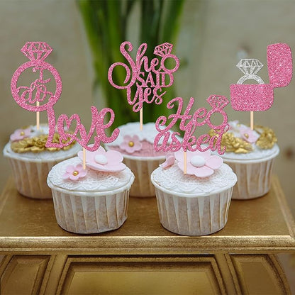 30 PCS He Asked She Said Yes Cupcake Toppers Diamond Ring Cupcake Picks Love I Do Cake Picks for Wedding Enaggement Bridal Shower Party Cake Decorations Supplies Pink