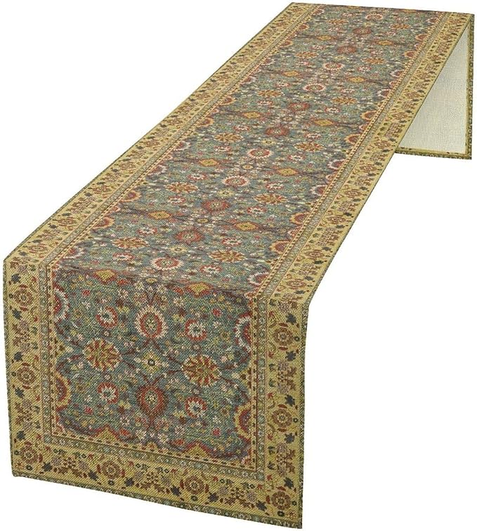 Boho Floral Vintage Beige Blue Table Runner, Retro Flower Rustic Country Farmhouse Abstract Pattern for Home Kitchen Table Decor Dining Coffee Room Party Decor 13x60in