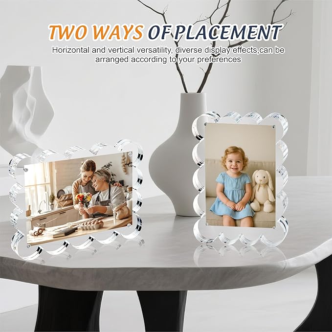 3 Pack 4x6 Inch Magnetic Acrylic Picture Frame,10+10mm Thick Block,Double Sided Clear scalloped frames for Desktop Display | Trendy Home Gift ((3 Pack), 4X6)