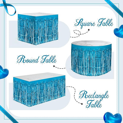 4 Pack Lake Blue Table Skirts, 29x108" Metallic Foil Tinsel Fringe Table Skirts for Rectangle Tables Streamer Curtains Backdrop, Party Decorations for Birthdays Weddings Holidays