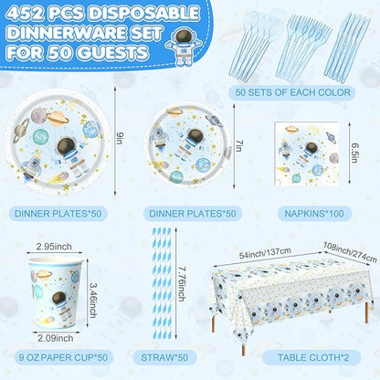 452 Pcs Space Themed Party Decorations for 50, Blue Space Astronaut Paper Plates Napkins Cups Tablecloth Cutlery Straws for First Trip Around The Sun Planet Birthday Baby Shower Party Supply