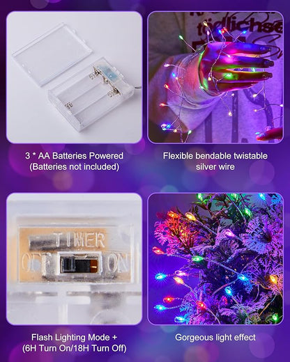 Fairy Lights Battery Operated, Twinkle String Lights Silver Wire 5 FT 60 LED Firecracker Starry Lights for DIY Wreath Home Wedding Bedroom Mason Jar Holiday Easter Decoration, Pink + Multicolor