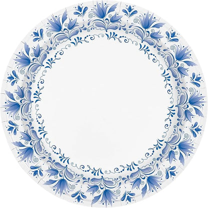 Charmount Large Paper Plates, 100pcs Disposable, Blue Flower Printed, Soak & Cut Proof for Parties & Daily Use