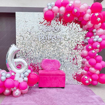 Qcity Silver Shimmer Wall Backdrop 24PCS, Black Back Not See-Through Design, Square Sequin Glitter Backdrop Panel, Perfect for Outdoor Events, Birthdays, Wedding and Party Decoration