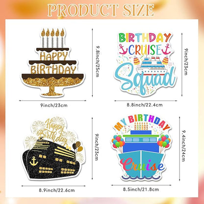 Hoteam 4 Pcs Birthday Cruise Door Decorations Magnetic Large Happy Birthday Cruise Ship Door Magnets Funny Waterproof Balloon Cake Nautical Magnets for Carnival Cabin Stateroom Fridge Car