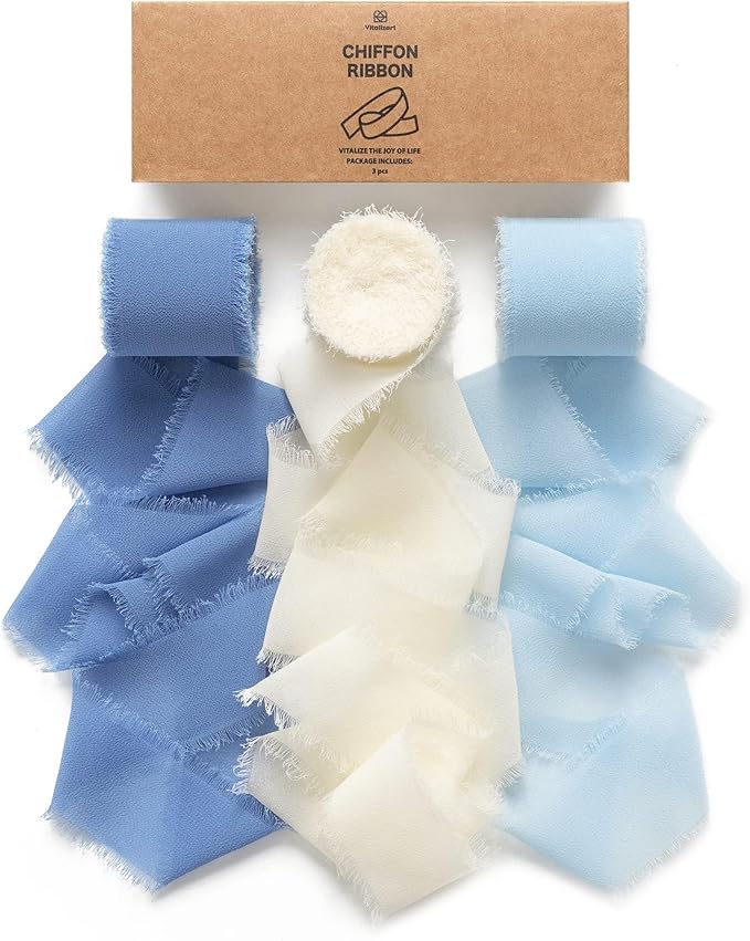 Vitalizart Blue Handmade Chiffon Silk Ribbon Fringe 1.5" x 21 Yd Dusty & Baby Blue Frayed Edges Ribbons for Wedding Invitations Bridal Bouquets Gifts Wrapping Crafts Holiday Party Decorations