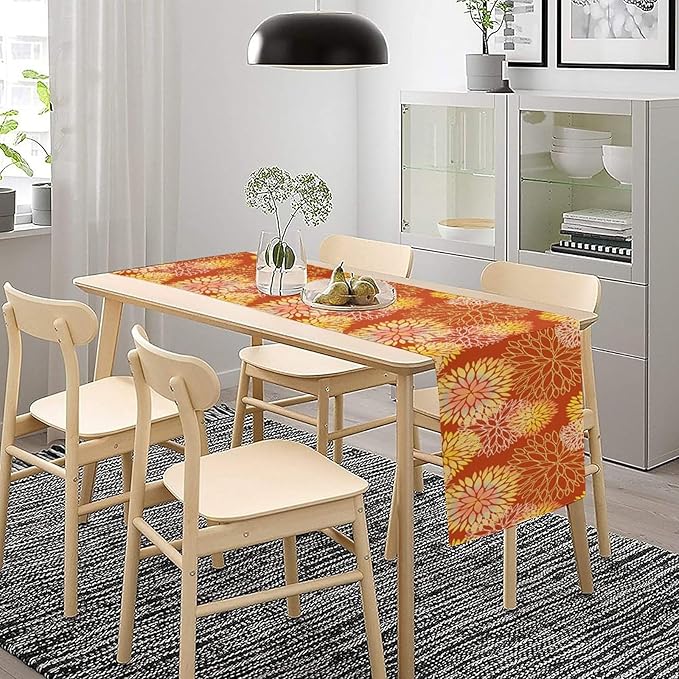 Yellow Floral Table Runner, Chrysanthemum Autumn Spring Summer Vintage Modern Linen Geometric Table Runner for Kitchen Living Room Bedroom Party Holiday, 13x70 Inch