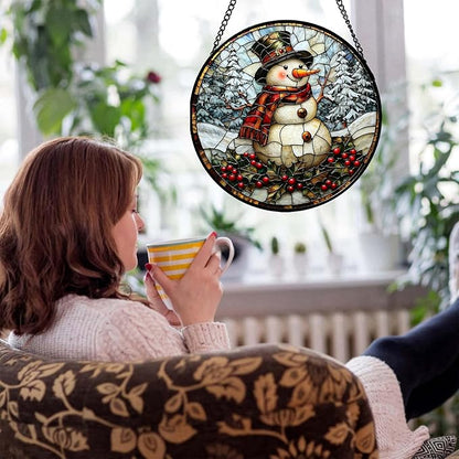Stained Glass Window Hanging - Christmas Snowman Suncatcher for Door Terrace Garden Home Decor Winter Forest Snow Sun Catcher Birthday Gifts for Lovers Women Men Dad Mom Nana 15 in