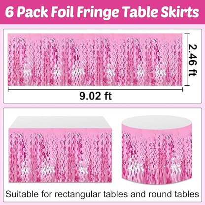 6 Pack 29x108 Inch Pink Wave Foil Fringe Table Skirts Metallic Banner for Tinsel Streamer Garland Backdrop for Parade Floats Wedding, Mother's Day, Birthday Mardi Gras Party Decorations
