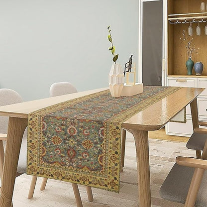 Boho Floral Vintage Beige Blue Table Runner, Retro Flower Rustic Country Farmhouse Abstract Pattern for Home Kitchen Table Decor Dining Coffee Room Party Decor 13x60in