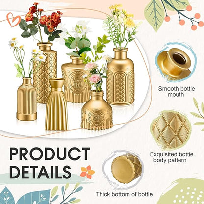 Yaomiao 30 Pcs Vases Bulk Colored Flower Glass Vases Bud Vintage Colored Glass Bottles Colorful Rustic Embossed for Home Wedding Table Decorations Gifts(Gold Series)