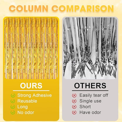2 Pack Laser Gold Tinsel Foil Fringe Curtains, Gold Party Decorations, Metallic Tinsel Party Streamers Backdrop for Birthday Baby Shower Graduation Wedding New Years Party Decorations