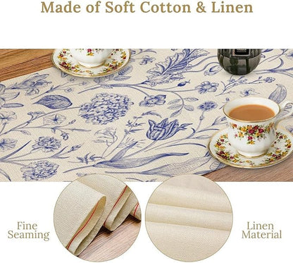 Monochrome Sketch Flowers Table Runner, Seasonal Spring Fall Plants Blue Florals Dinner Runner for Home Kitchen Dining Table Party Holiday Decoration 13"x70"