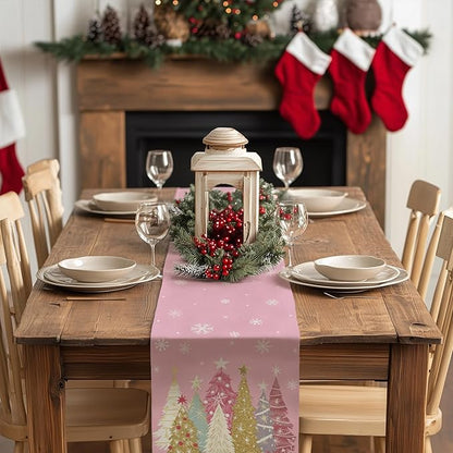 GEEORY Christmas Table Runner 13x108 Inch, Xmas Trees Snowflakes Holiday Decorative Farmhouse Table Decoration for Kitchen Dinning, Indoor Outdoor Dinner Party Decor (Pink) GT153-108