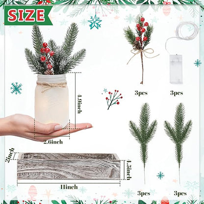 Christmas Mason Jars, Christmas Centerpiece Table Settings, Wood Tray with 3 Painted Jars, Dining Coffee Table Centerpiece, For Kitchen, Living Room, White Mason Jar Decor with Flowers