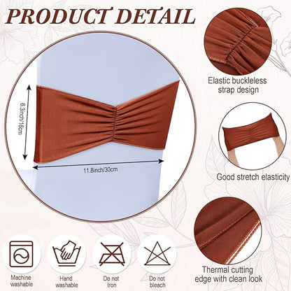 Moukeren 100 Pcs Spandex Chair Sashes Bows Bands Slider Sashes for Chair Covers Elastic Bands Ties Ribbon Decorations for Wedding Party Events Ceremony Birthday Banquet(Terracotta)