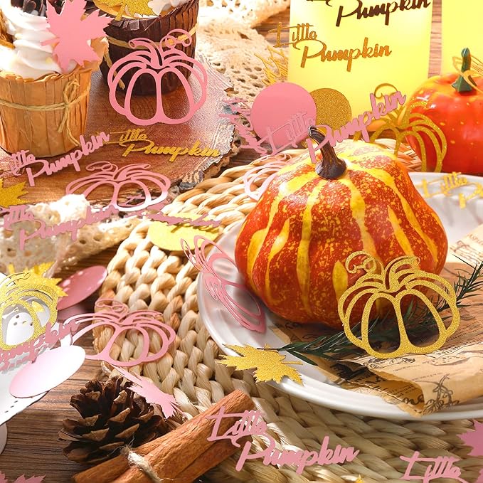 Ferraycle 400 Pcs Thanksgiving Pink and Gold Pumpkin Confetti Christmas Baby Shower Maple Leaf Confetti Glitter Thanksgiving Pumpkin Decorations Table Decorations for Birthday Party Supplies