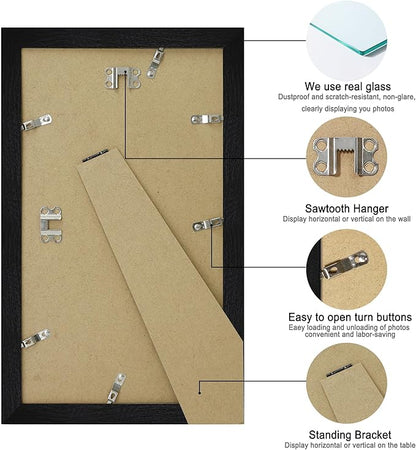 8x14 Picture Frame Set of 2, Rustic Black Wood Frame with Glass Collage Frame, Display Pictures 3-4x6 With Mat or 8 x 14 Without Mat - Horizontal or Vertical Wall Mounting