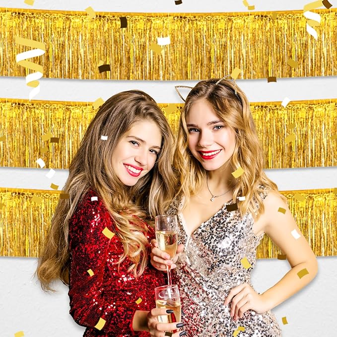 6 Pack 10 Feet Gold Foil Fringe Garland Metallic Tinsel Streamers Banner Wall Hanging Curtain Backdrop for Parade Floats, Birthday, Graduate, Mother's Day, Wedding Party Decoration
