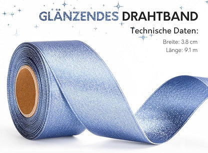Dusty Blue Satin Wired Ribbon 1-1/2 Inch Double-Faced Sliver Glitter Christmas Ribbons for Wreath, Tree Decoration, Gift Wrapping, Home Decor 10 Yards