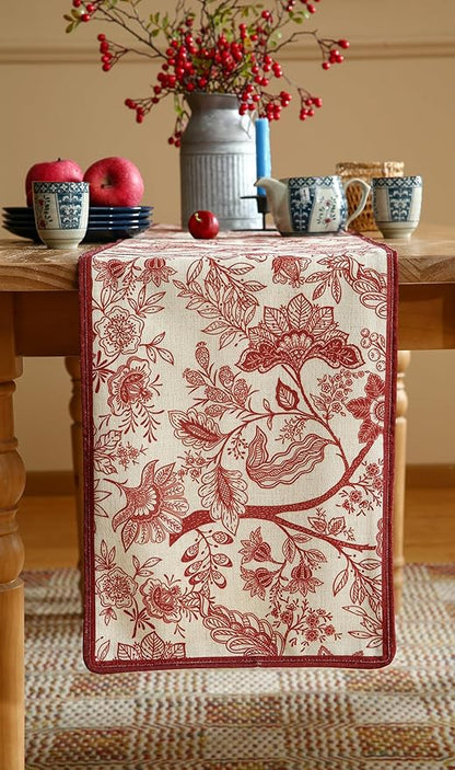 ISAENNE Designer Chinoiserie Elegant Linen Extra Long Table Runner 118 Inches,Red Floral Pattern Decor Table Runners for Thanksgiving,Dining Room,Banquet,Kitchen Tables,Christmas,12"*118"-Ruyi A