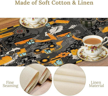 Cartoon Car Table Runner,Boy Kids Construction Yellow Tractor Excavator Tablecloth Burlap for Hotel Indoors Outdoor Dining Room Kitchen Home Decor,W13X L36 in