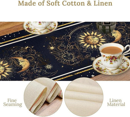 Sun Moon Table Runner, Seasonal Golden Sun Moon Holiday Kitchen Dining Table Runner for Kitchen Living Room Home Party Decor 13x36 Inch