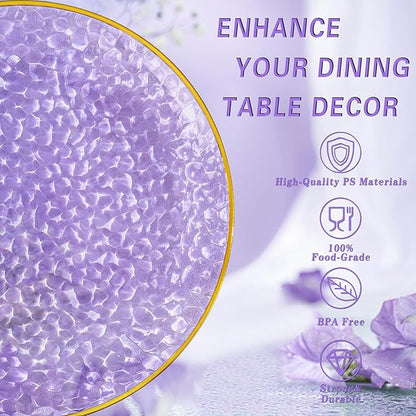 Rubtlamp 100Pcs Plastic Purple Dinner Plates, Heavy Duty 10 Inch Gold Disposable Plates, Hammered Purple Plates with Gold Rim, Fancy Plastic Plates for Weeding Parties