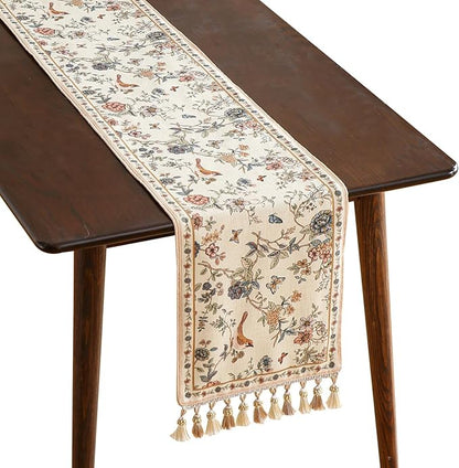 ISAENNE Designer Linen Table Runner 71 Inches Long,Elegant Floral Bird Pattern Table Runners for Dining Room,Farmhouse Rustic Kitchen Decor,Thanksgiving,Christmas,12"*71"-Cornucopia