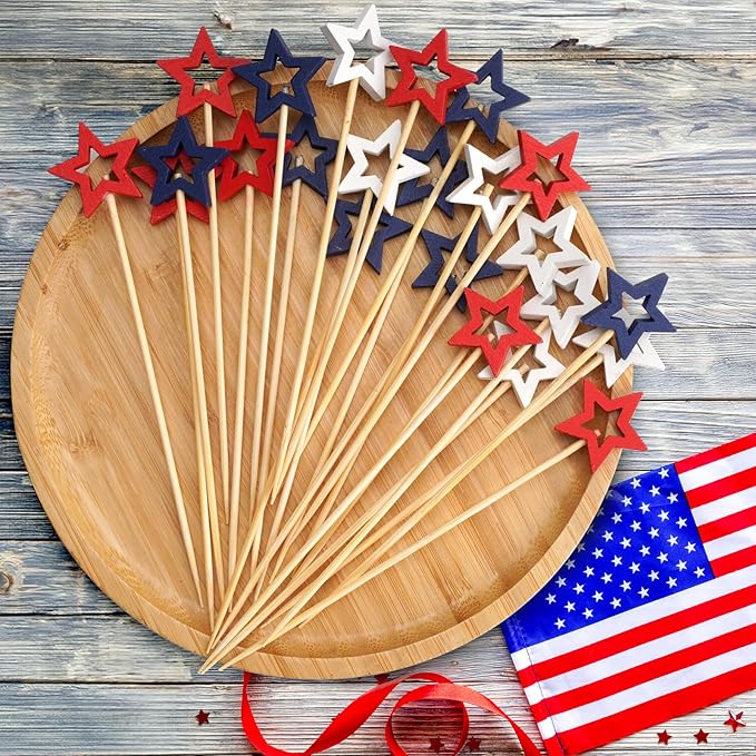Minisland Big Navy Blue Star Cocktail Picks, 5.5 Inch Long Bamboo Fancy Toothpicks for Appetizers, Decorative Independence Day Holiday Party Food Drinks Garnish Fruit Skewer Sticks 50 Counts - MSL433